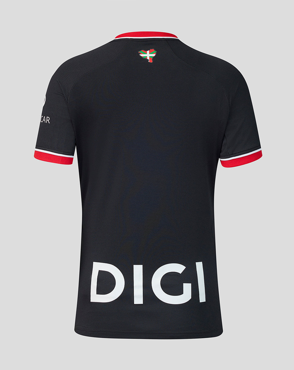 Back view of black away shirt showing large white DIGI sponsor text at the hem and red trimmed sleeves