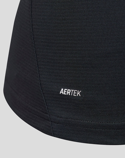 Close-up of black fabric from Athletic Club women's 26/27 away shirt with AERTEK branding near the hem