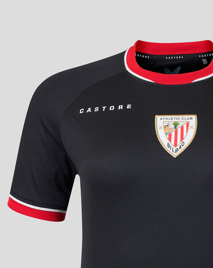 Close up of navy away shirt chest featuring Athletic Club Bilbao crest and Castore branding.