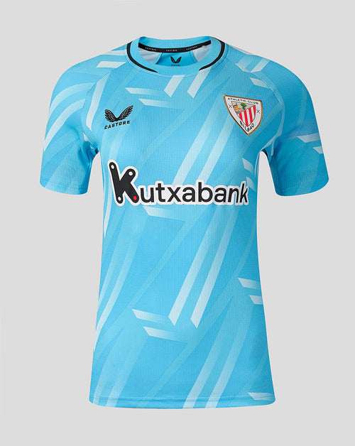 Front view of Athletic Club women's 26/27 third shirt in sky blue with geometric pattern, crest and sponsor logo.