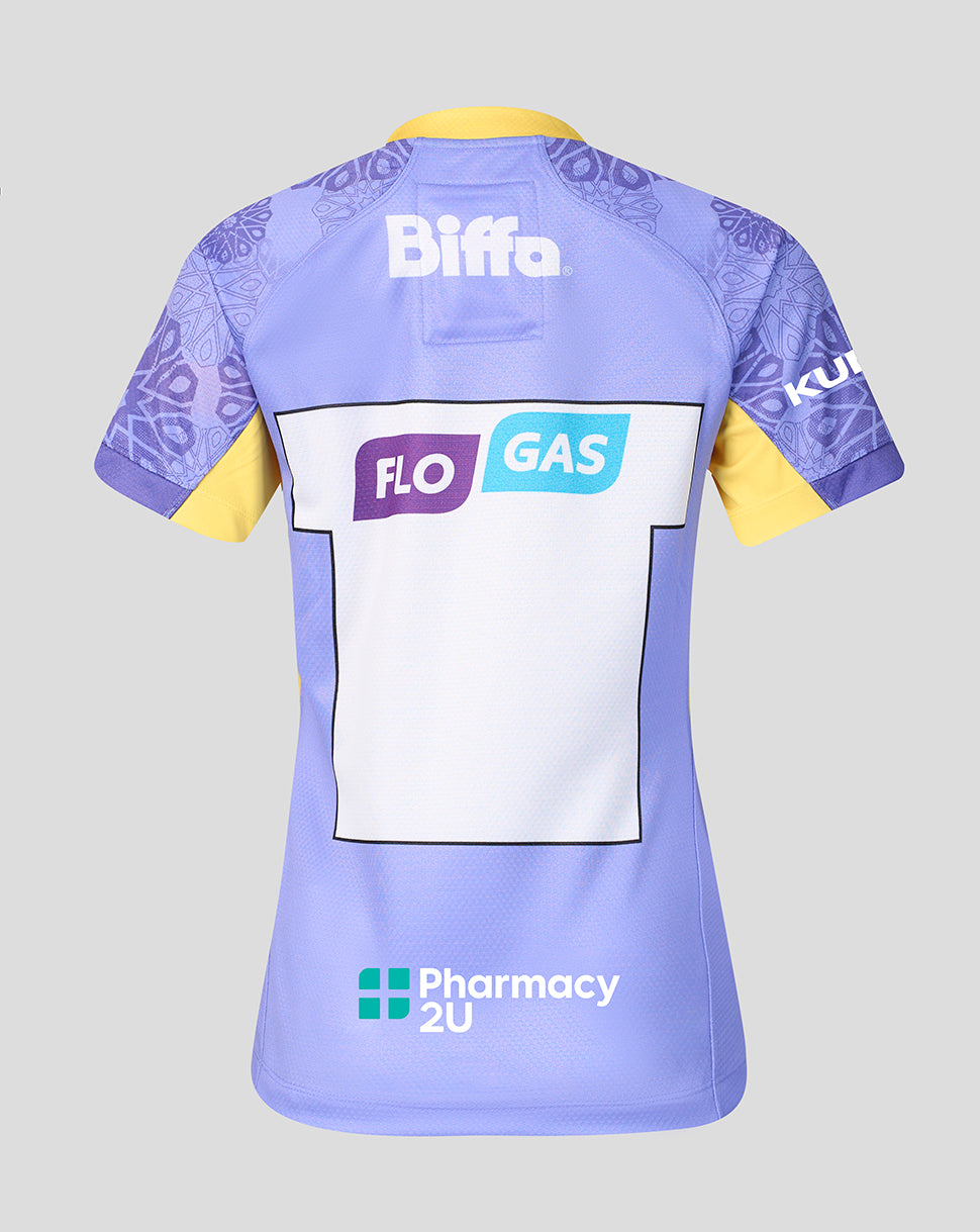 The back of a light purple rugby jersey with yellow sleeve accents, featuring sponsor logos including Biffa, FLO GAS, and Pharmacy 2U.