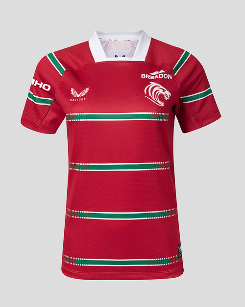 A red short-sleeve rugby jersey with green and white horizontal stripes, featuring the word 'BREEDON' and a lion logo on the chest, on a light gray background.