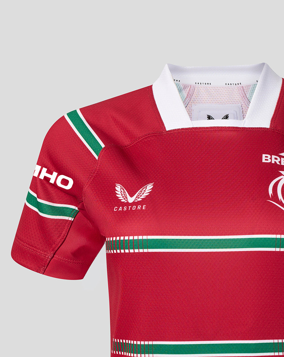A close-up of a red Castore rugby jersey with green and white stripes, featuring the Castore wing logo on the chest and a sponsor logo on the sleeve, set against a solid gray background.