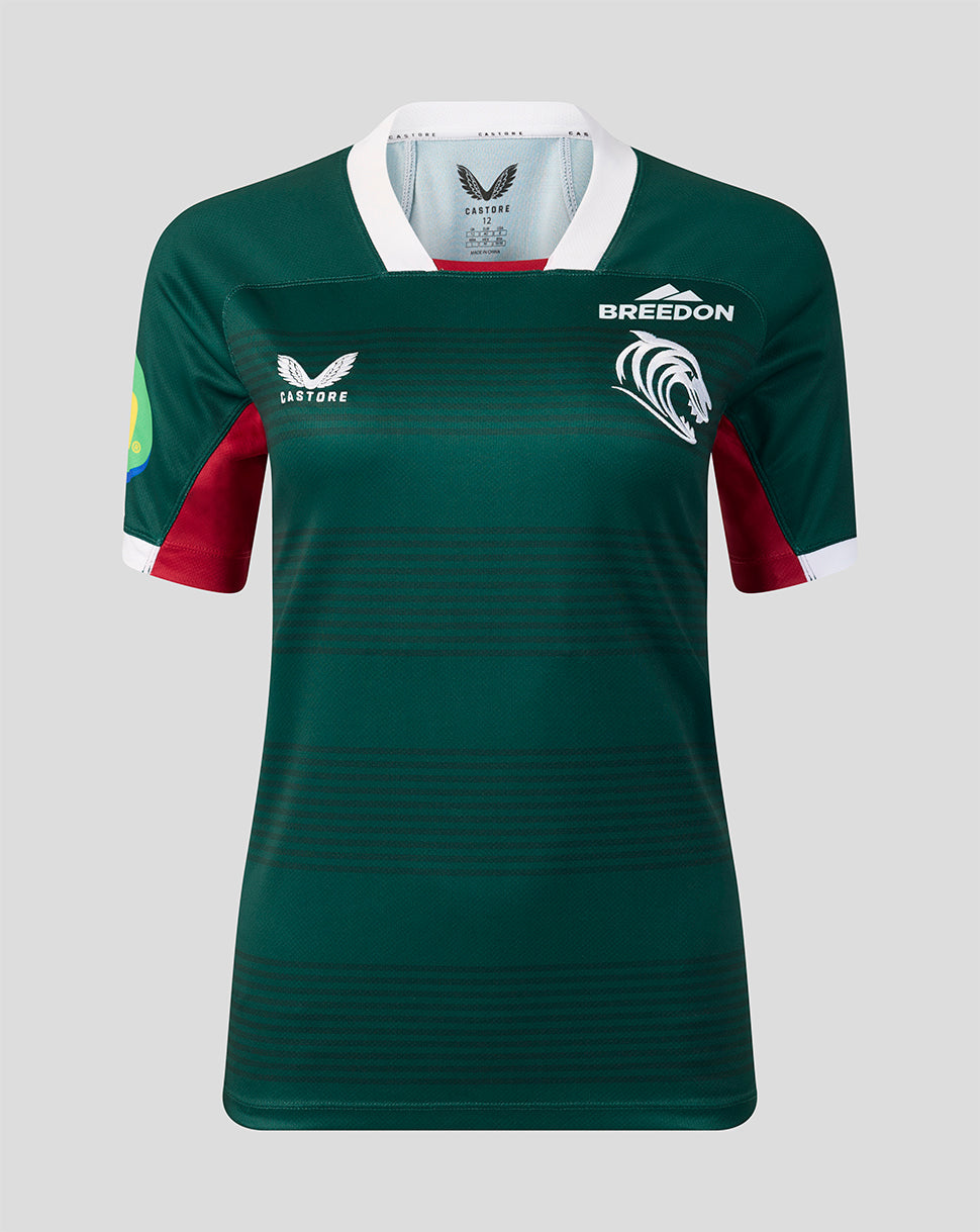A dark green short-sleeve rugby jersey with white and red accents, featuring the 'BREEDON' team name and a white horse logo on the chest, displayed on a neutral gray background.