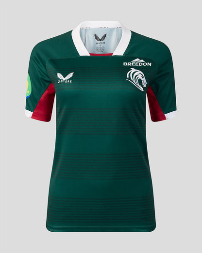 A dark green short-sleeve rugby jersey with white and red accents, featuring the 'BREEDON' team name and a white horse logo on the chest, displayed on a neutral gray background.