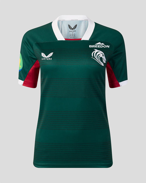 A dark green short-sleeve rugby jersey with white and red accents, featuring the 'BREEDON' team name and a white horse logo on the chest, displayed on a neutral gray background.