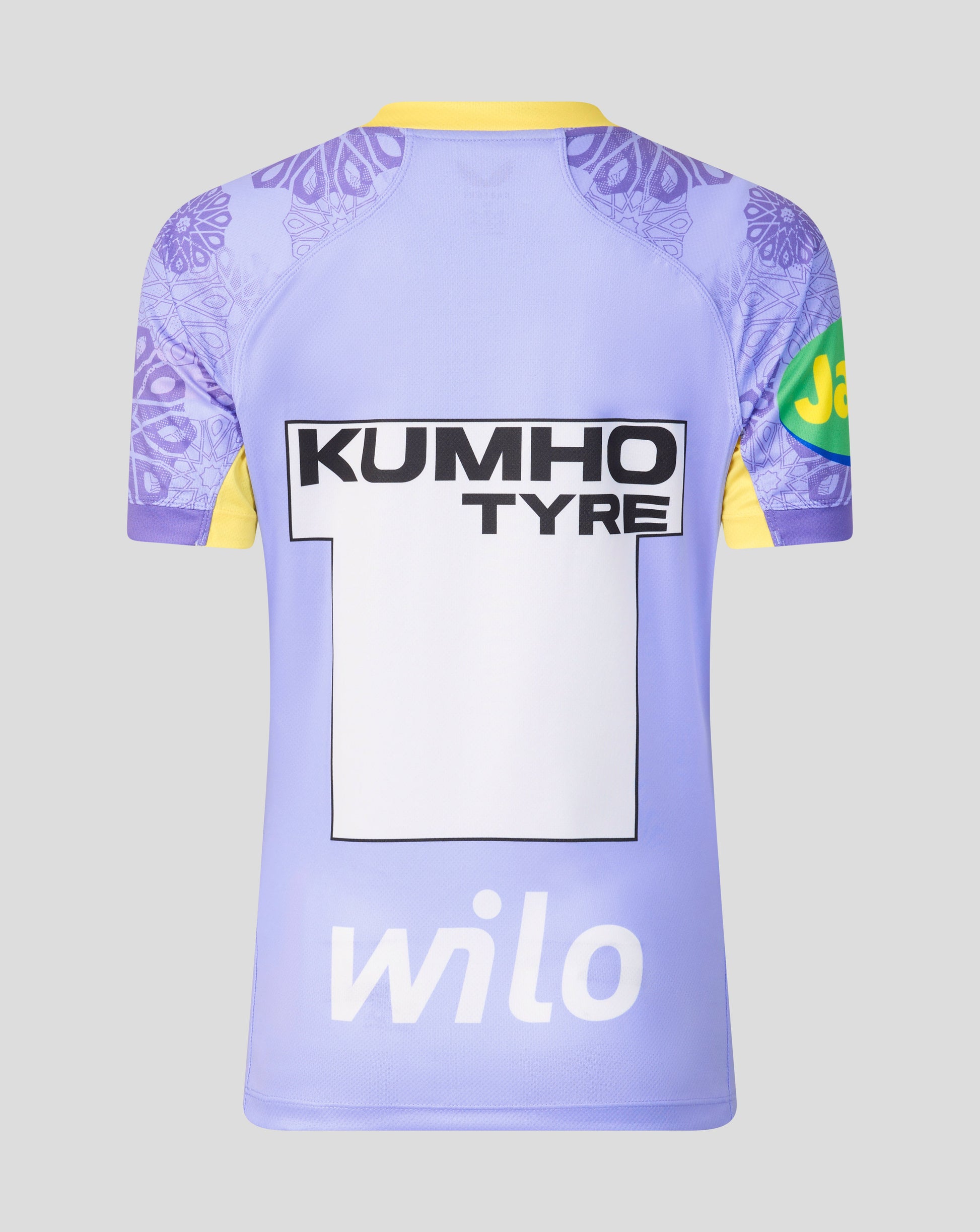 The back of a light purple rugby jersey with yellow collar and sleeve accents, featuring 'KUMHO TYRE' and 'wilo' sponsor logos, displayed on a neutral gray background.
