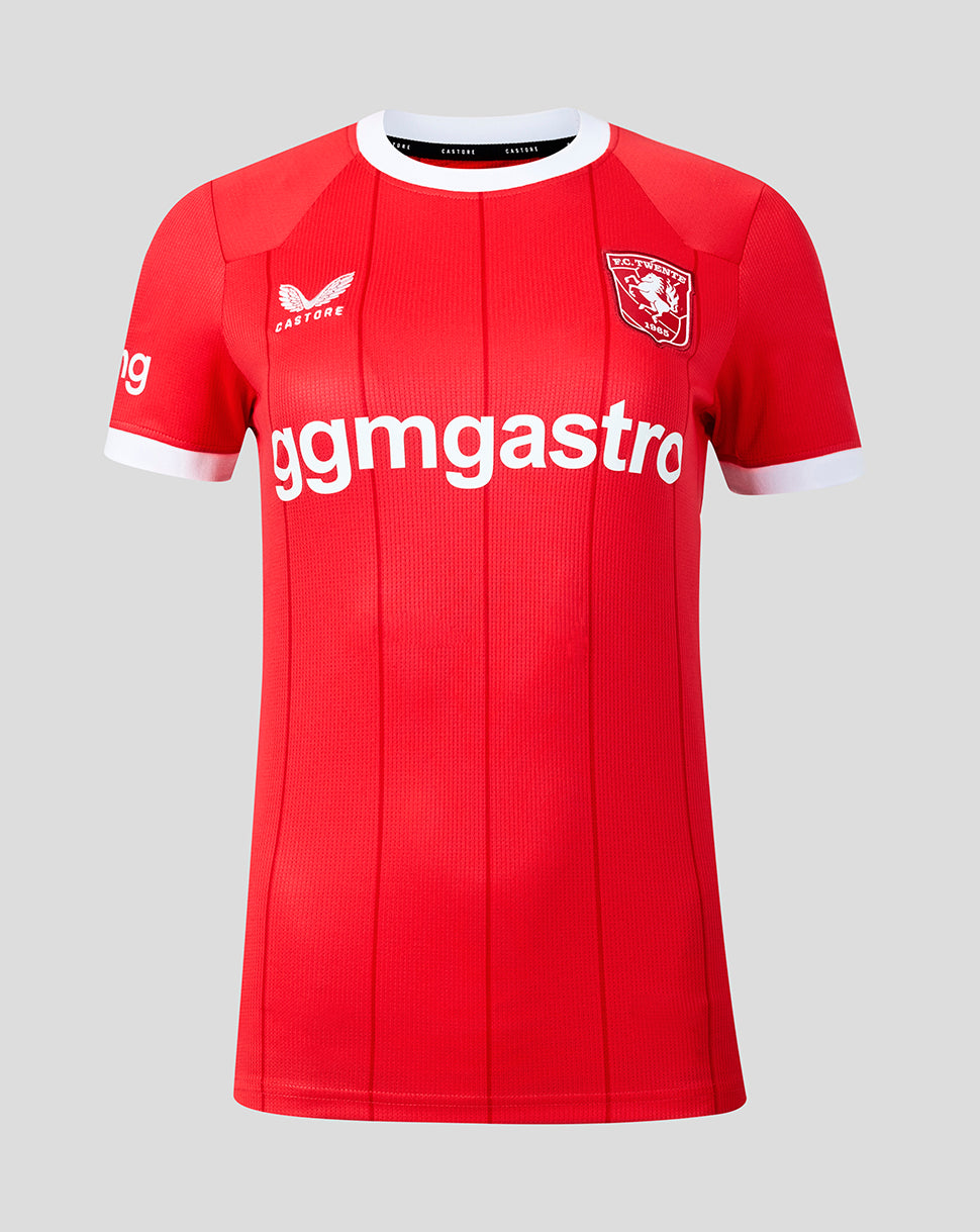 Red FC Twente women's home shirt with white collar trim crest on the chest and bold sponsor lettering across the front