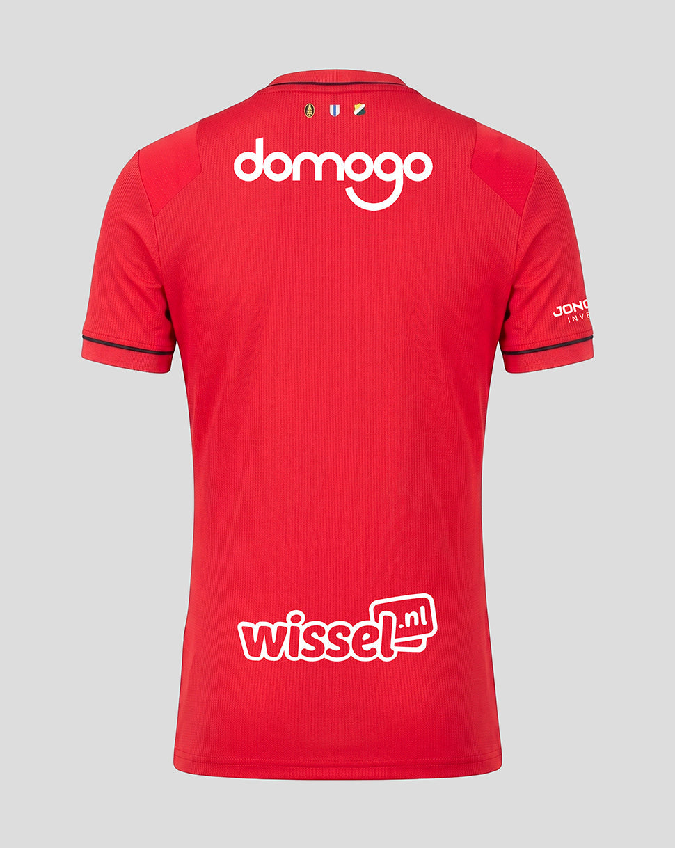 Back view of FC Utrecht 26/27 home shirt in red with a large white domogo sponsor across the back