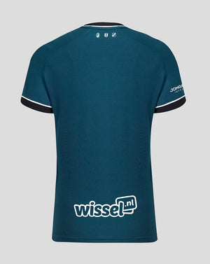 Back view of FC Utrecht 26/27 away shirt in teal with tiger pattern, small logos at neck, and wissel.nl on the lower back.