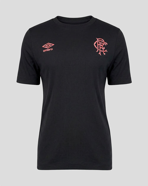 Black t-shirt with red logo and Umbro branding on a gray background