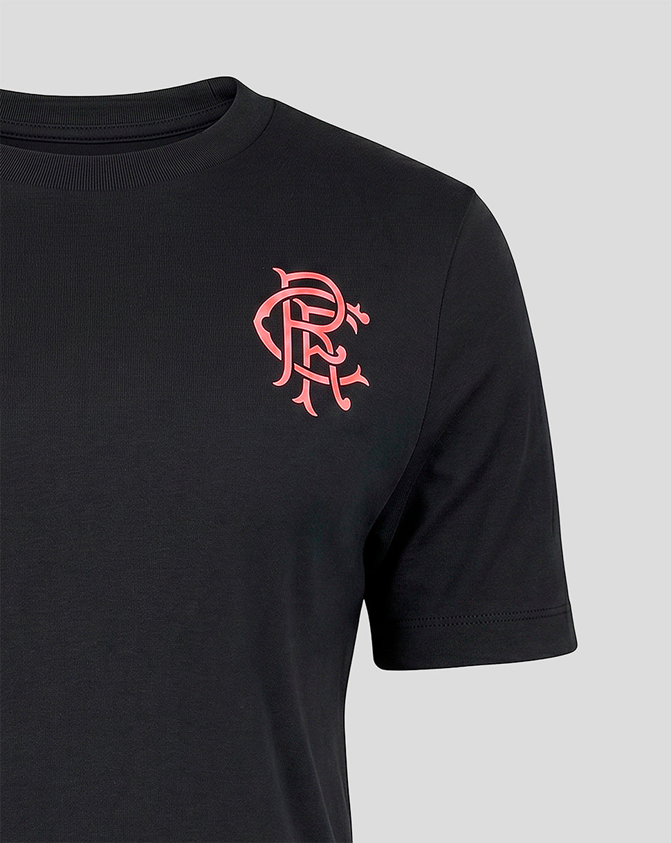 Black t-shirt with pink logo on a gray background