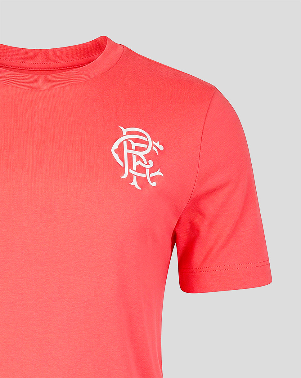 Red t-shirt with a white logo on a gray background