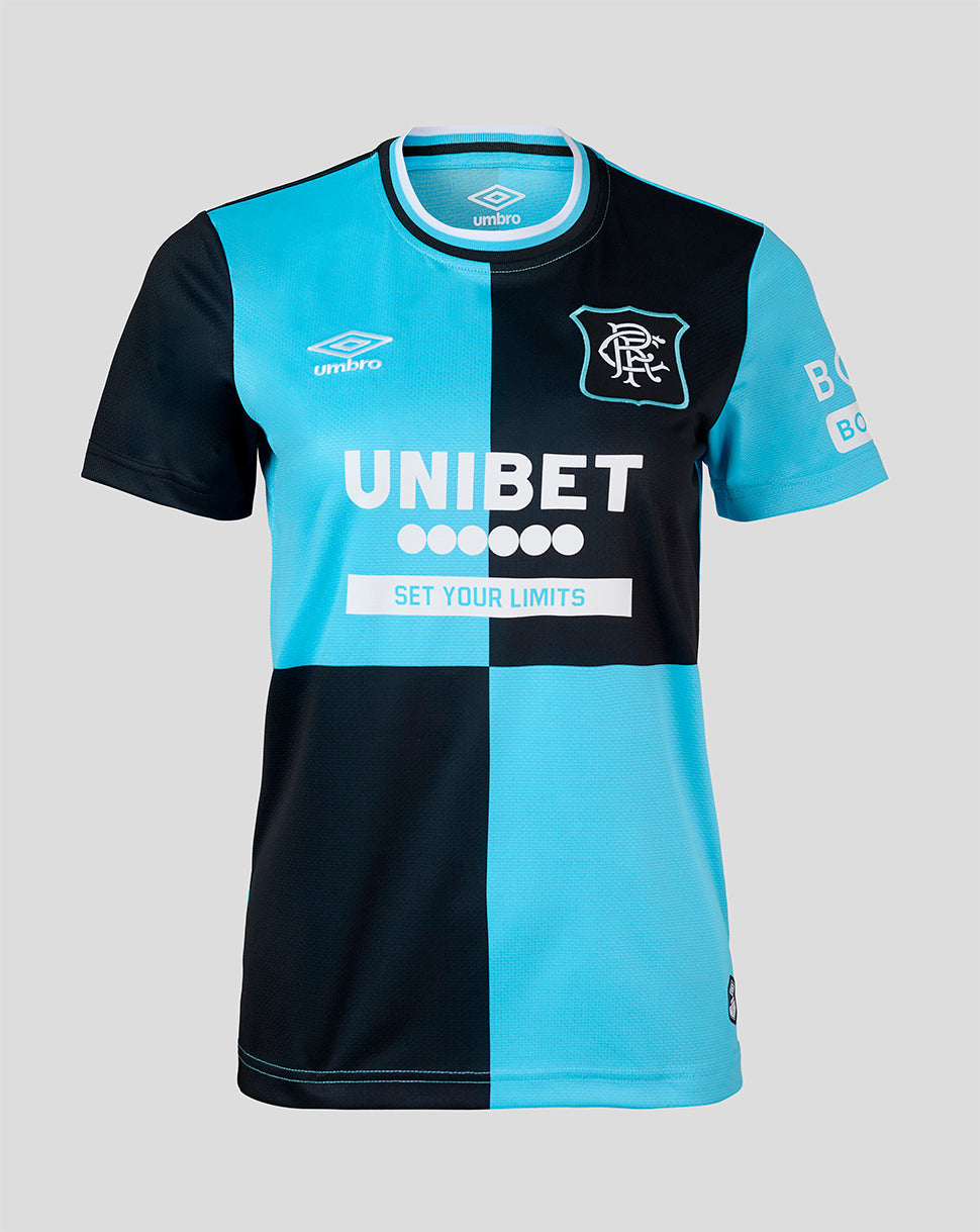 A short-sleeve soccer jersey with a vertical color-blocked design in black and light blue. The jersey features the Umbro logo on the right chest, the Rangers club crest on the left chest, and 'UNIBET SET YOUR LIMITS' printed across the center.