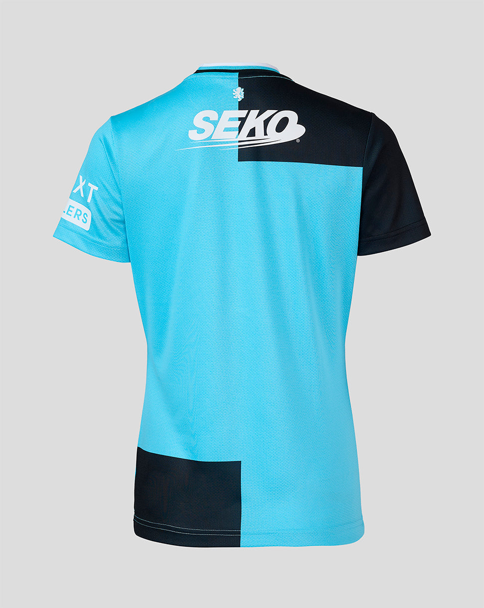 A short-sleeve athletic jersey shown from the back, featuring a bright light blue body with black shoulder and lower back panels, plus white SEKO branding across the upper back.