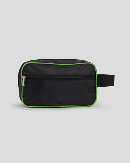 Black toiletry bag with green accents on a light gray background