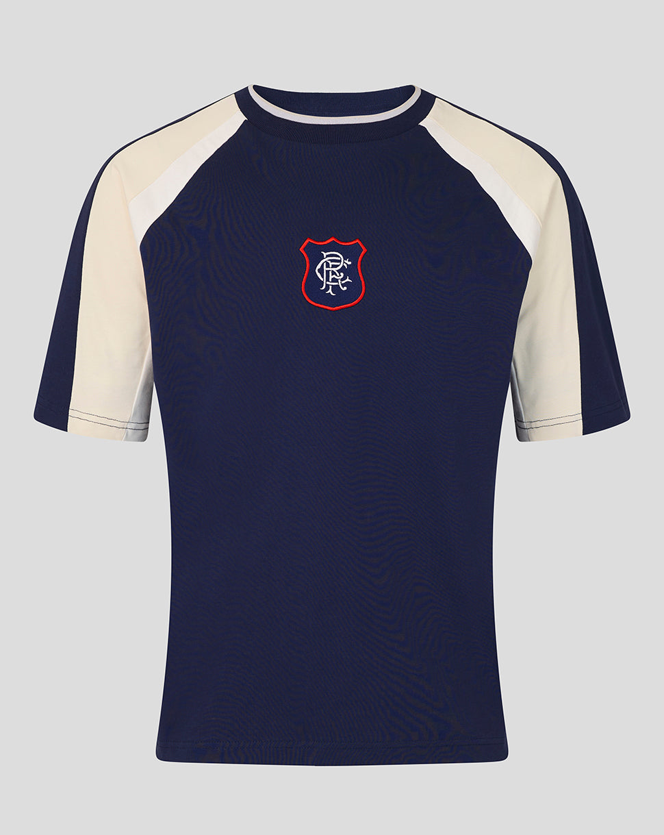 Rangers Unisex 25/26 Art of Football Panelled 90s T-Shirt - Navy - Navy/White