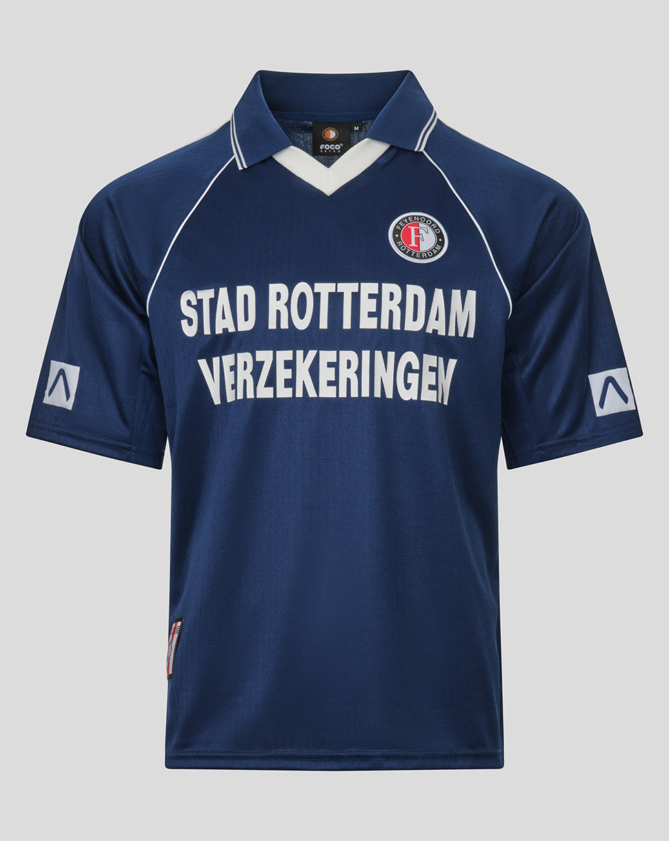 A navy blue short-sleeve soccer jersey with white trim, featuring 'STAD ROTTERDAM VERZEKERINGEN' printed in white across the chest and a circular club crest on the left chest.