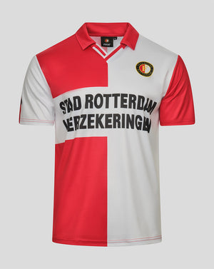 A retro short-sleeve soccer jersey with a vertical red and white color-blocked design, featuring 'STAD ROTTERDAM VERZEKERINGW' printed across the chest in black. The jersey has a red collar, a Dutch national team crest on the left chest, and a black Puma logo on the inner neck label, shown against a solid light gray background.