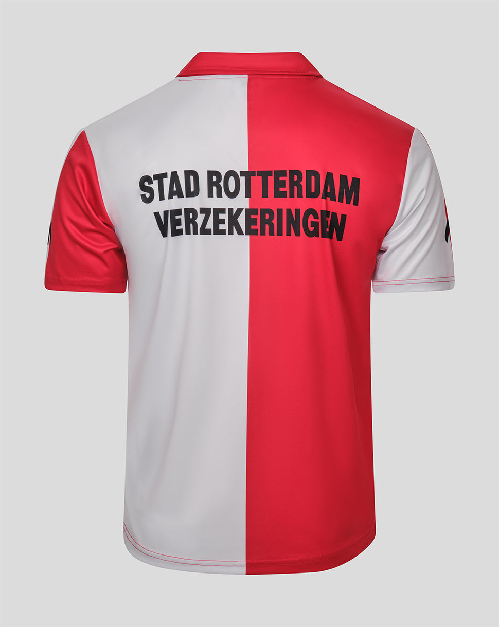 A short-sleeve polo shirt shown from the back, featuring a vertical split design of red and white with black text reading 'STAD ROTTERDAM VERZEKERINGEN' across the upper back.
