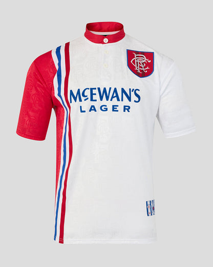 White sports jersey with red and blue accents, featuring 'Mcewan's Lager' branding on a white background.