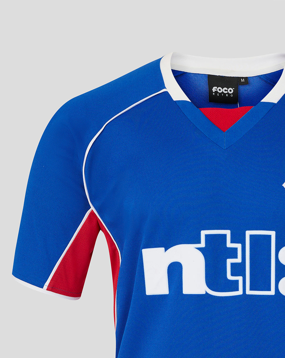 Blue sports jersey with red accents and 'nti' branding on a gray background