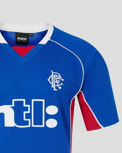 Blue sports jersey with red accents and visible branding on a gray background