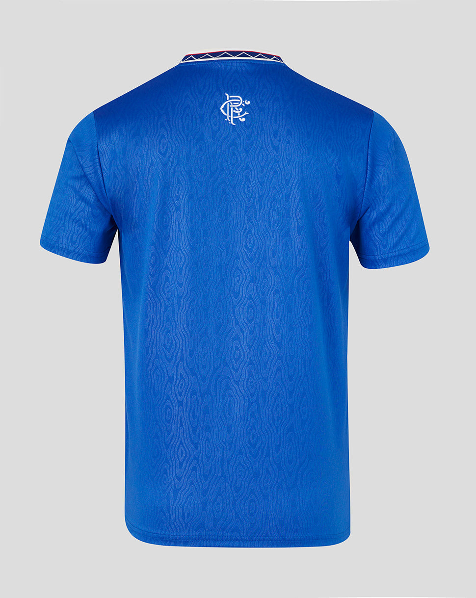 Blue sports jersey with a logo on the back against a gray background