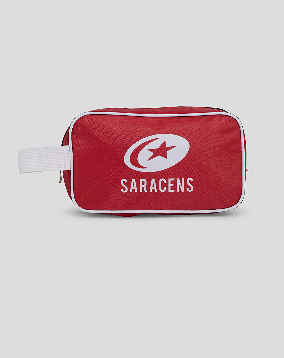 A red Saracens club washbag with a white zipper and the Saracens logo printed on the front.