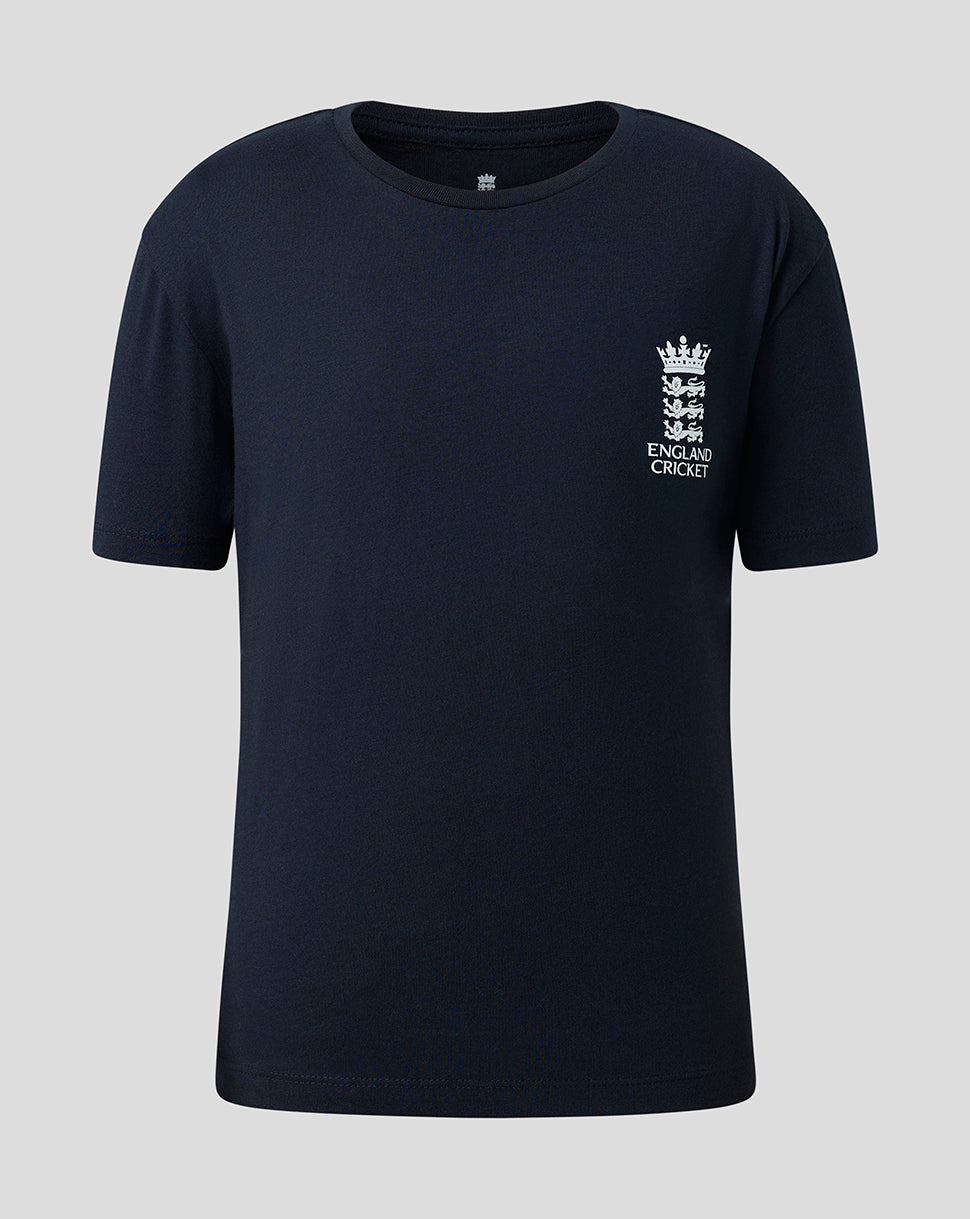 A dark navy blue short-sleeve crewneck t-shirt with a white England Cricket crest printed on the left chest, displayed against a solid light gray background.