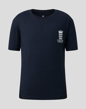 A dark navy blue short-sleeve crewneck t-shirt with a white England Cricket crest printed on the left chest, displayed against a solid light gray background.