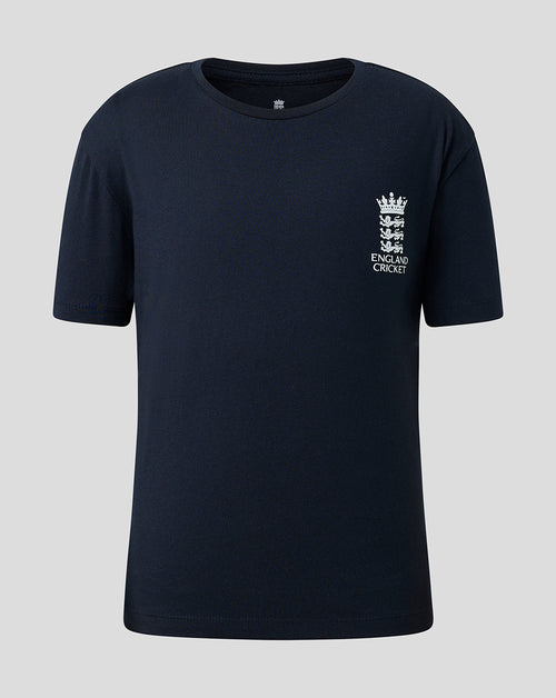 A dark navy blue short-sleeve crewneck t-shirt with a white England Cricket crest printed on the left chest, displayed against a solid light gray background.