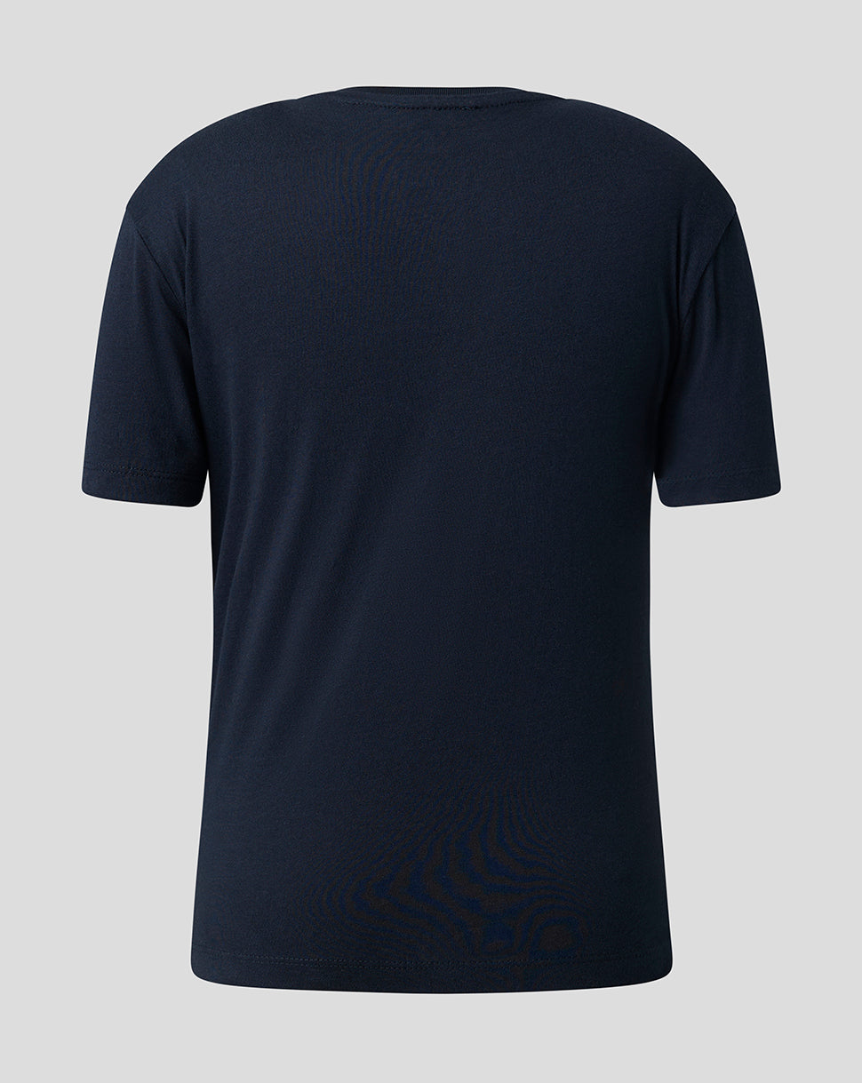 A dark navy blue short-sleeve t-shirt shown from the back, displayed on a neutral light gray background.