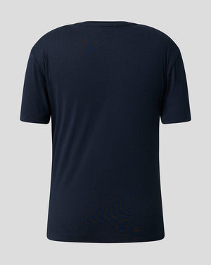A dark navy blue short-sleeve t-shirt shown from the back, displayed on a neutral light gray background.