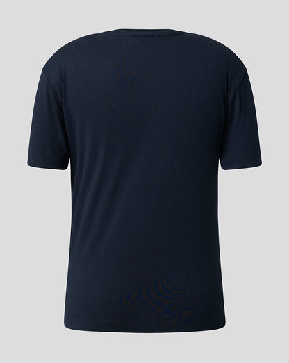A dark navy blue short-sleeve t-shirt shown from the back, displayed on a neutral light gray background.