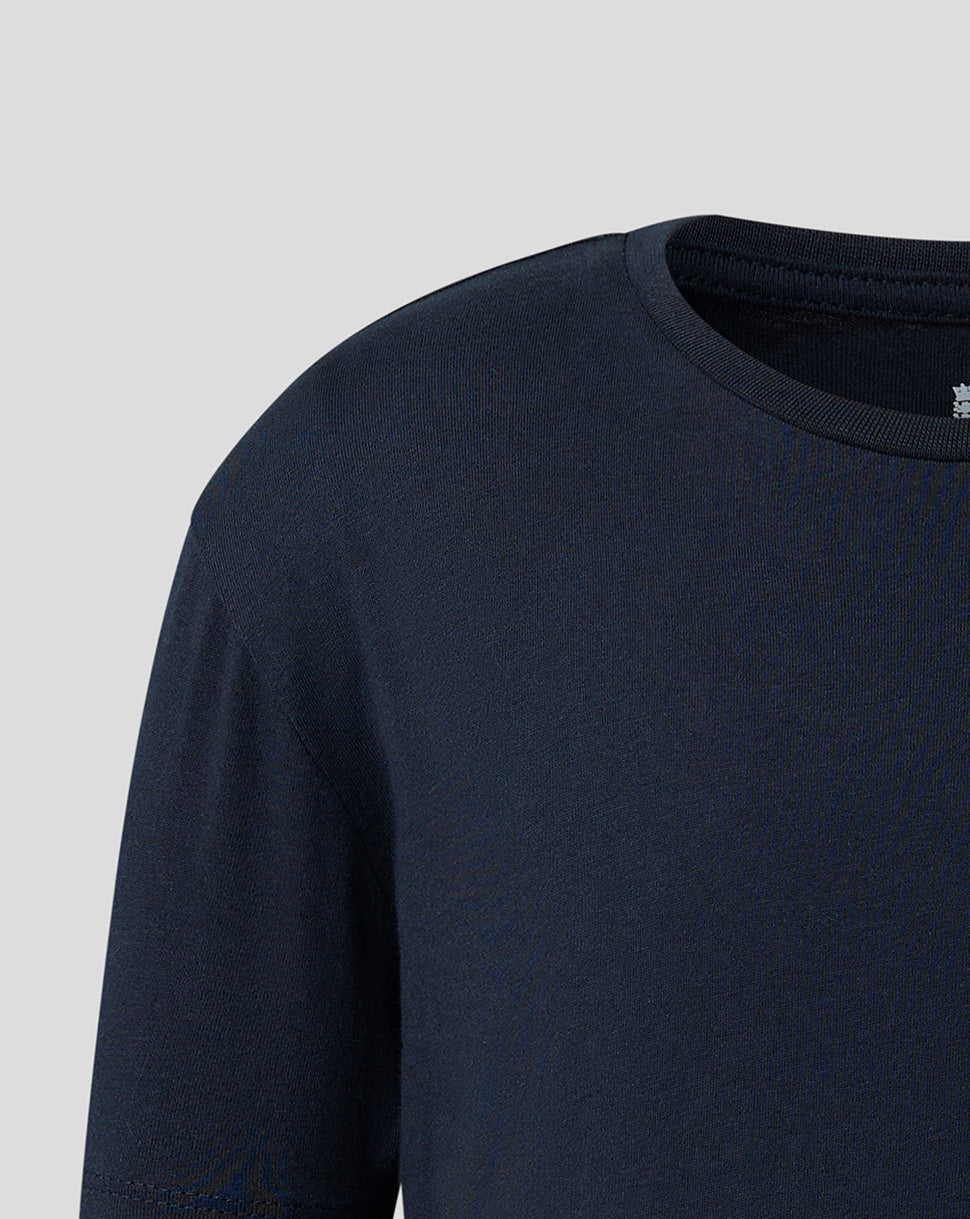 Close-up of a dark navy blue crew-neck t-shirt showing the shoulder, collar, and sleeve against a light gray background.