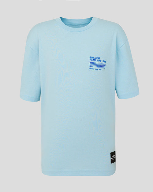 Light blue BWT Alpine World Tour T shirt with a small chest graphic and a woven Alpine badge at the hem.