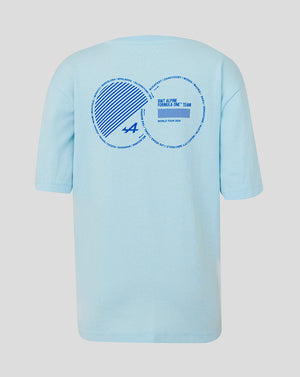 Back view of light blue World Tour T shirt with a large back graphic and a woven Alpine badge at the hem.