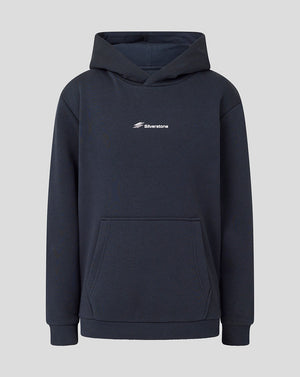 A dark navy blue pullover hoodie with a small white 'Silverstone' logo printed on the left chest, displayed against a solid light gray background.