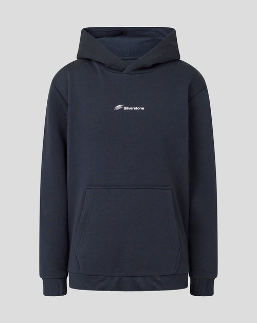 A dark navy blue pullover hoodie with a small white 'Silverstone' logo printed on the left chest, displayed against a solid light gray background.