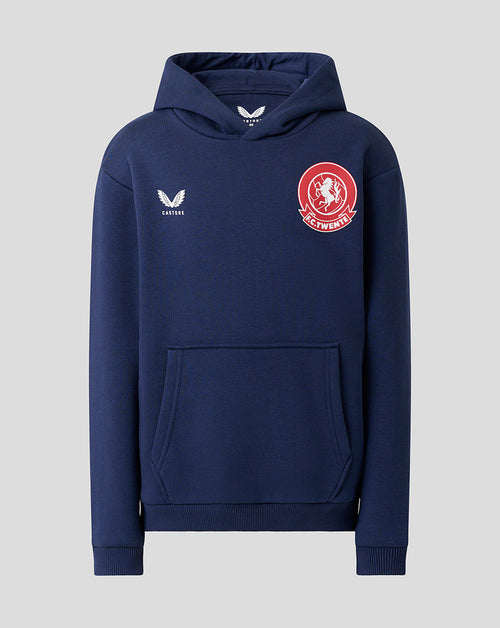 A navy blue pullover hoodie with a kangaroo pocket, featuring a white embroidered wing logo and 'Castore' on the right chest, and a red circular emblem with a white horse on the left chest, shown against a light gray background.