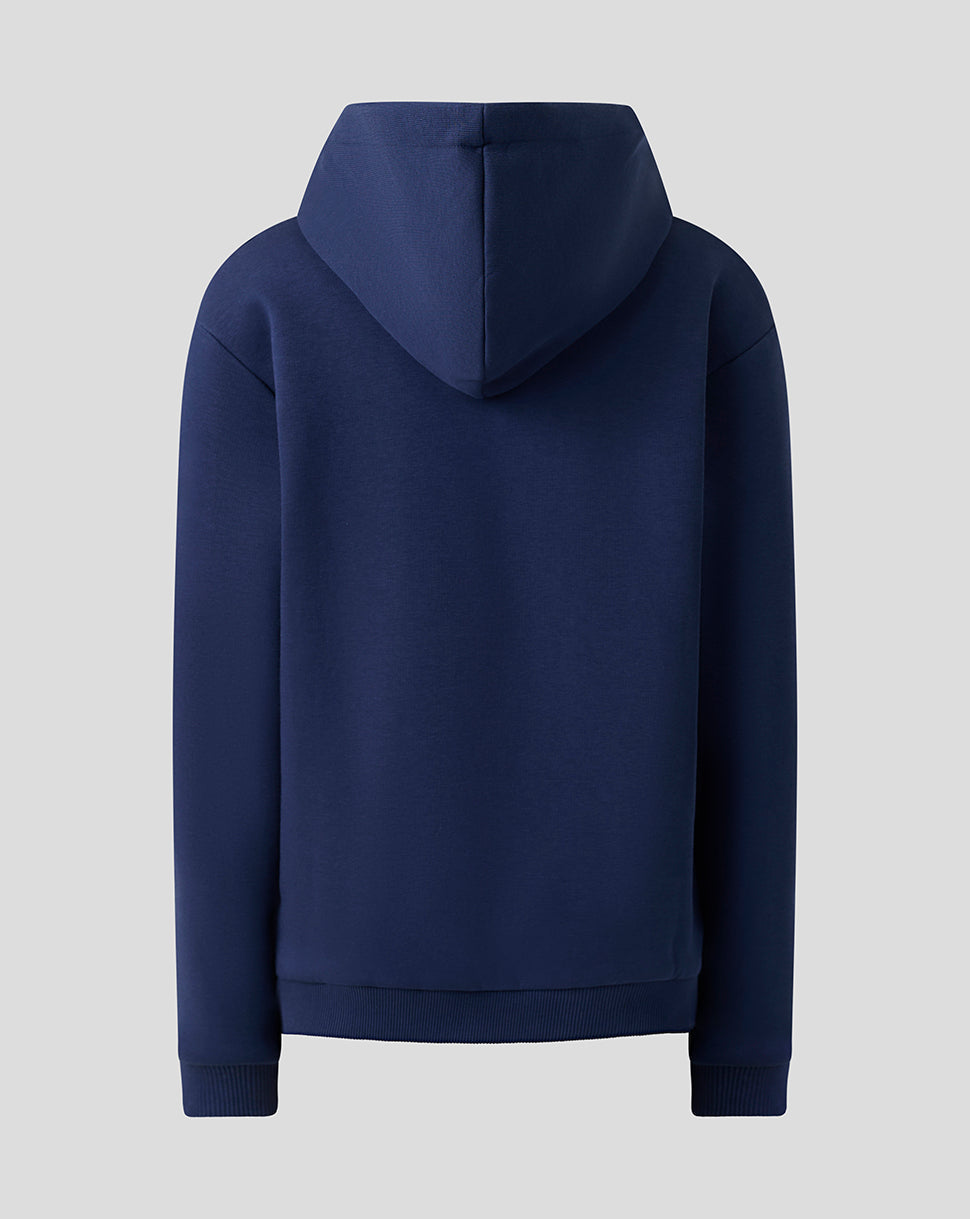 A navy blue pullover hoodie shown from the back, featuring a simple stitched hood and ribbed cuffs and hem, set against a solid light gray background.