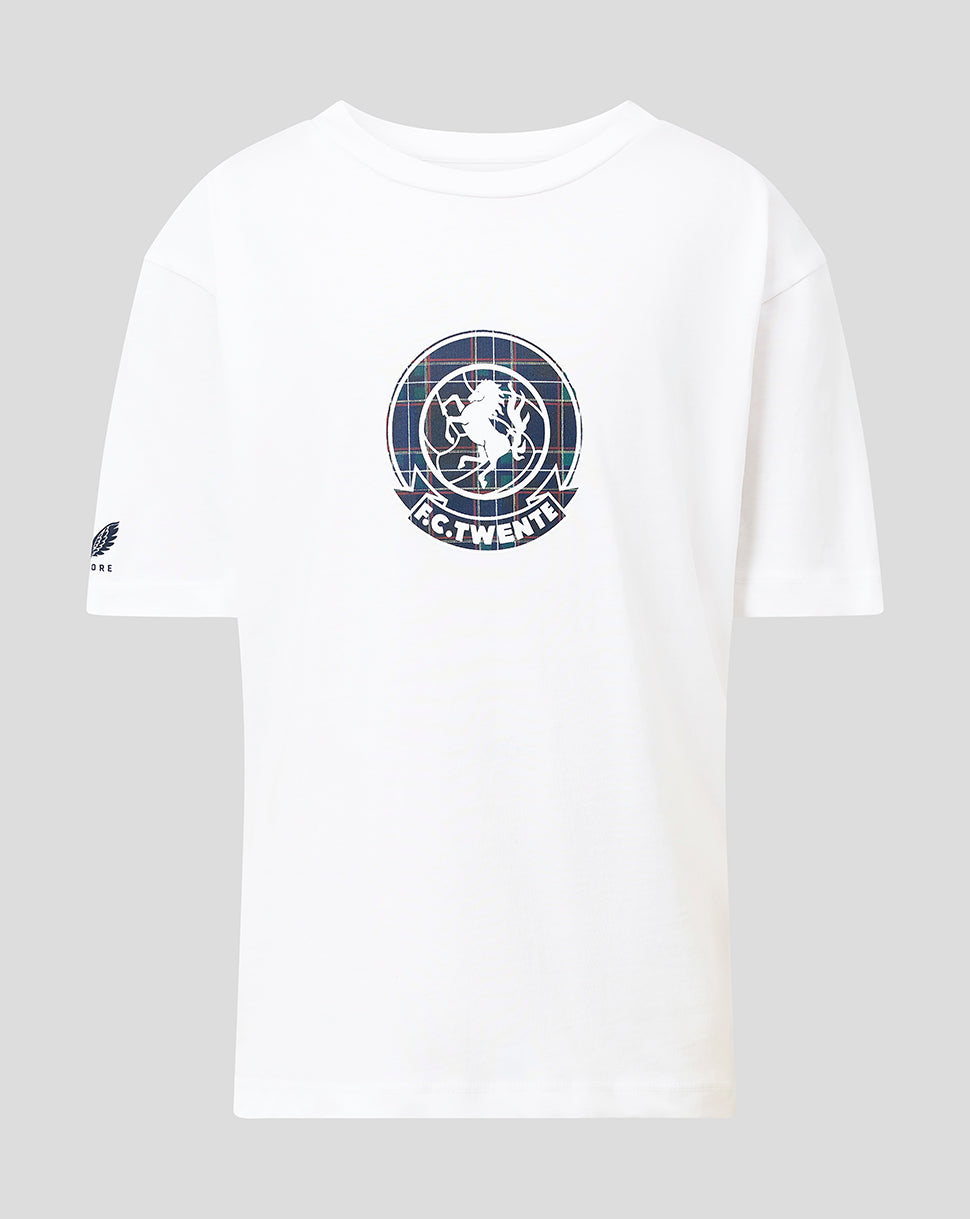 A white short-sleeve t-shirt with a circular blue and black graphic on the chest, displayed against a neutral gray background.