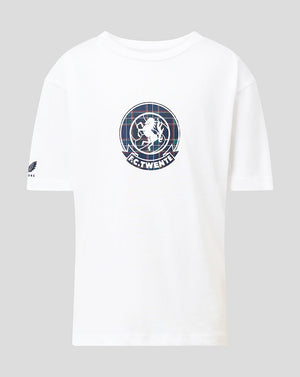 A white short-sleeve t-shirt with a circular blue and black graphic on the chest, displayed against a neutral gray background.
