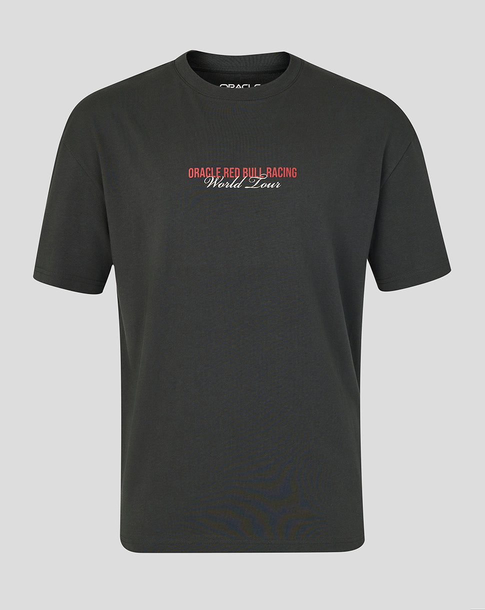 Black t-shirt with Oracle Red Bull Racing World Tour logo on a gray background