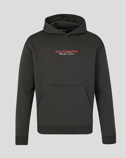 Black hoodie with red and white text on a gray background