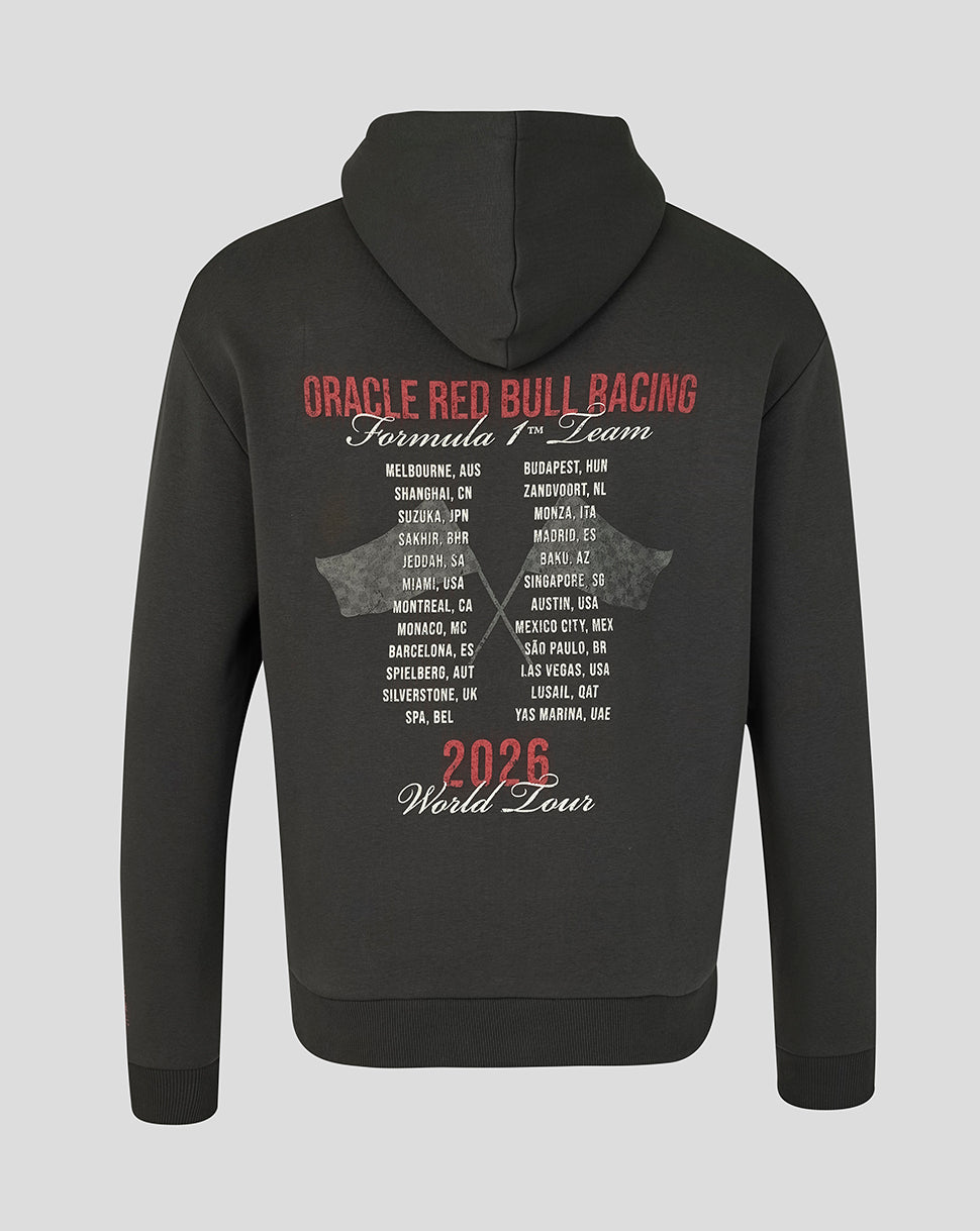 Black hoodie with Oracle Red Bull Racing Formula 1 Team text and graphics on a gray background