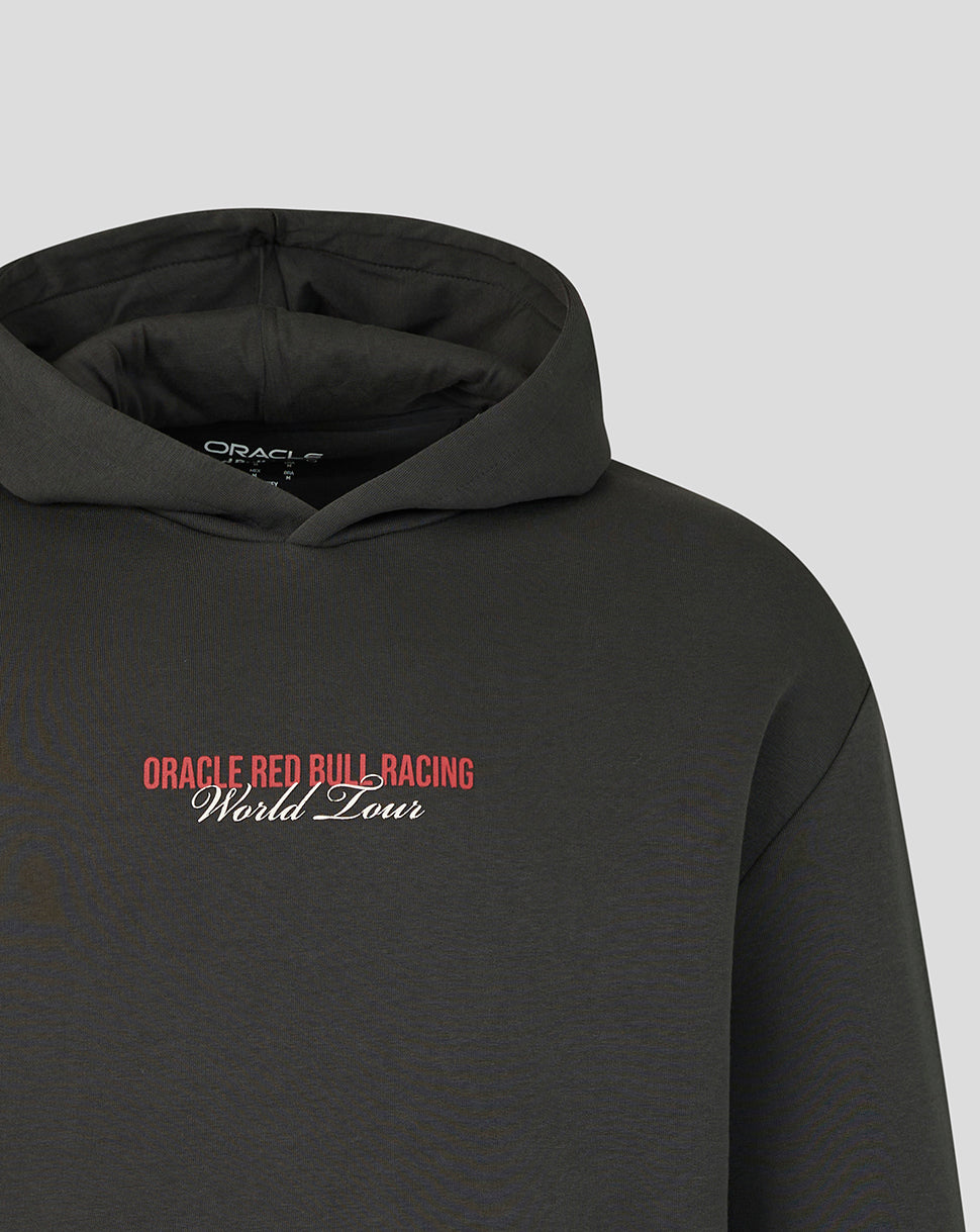 Black hoodie with 'Oracle Red Bull Racing World Tour' text on a gray background