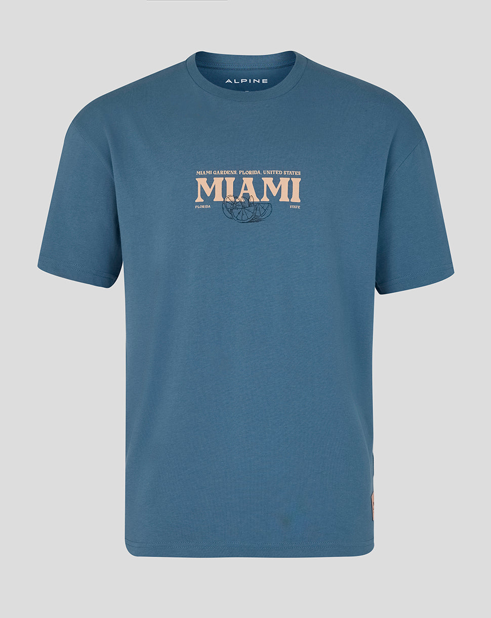 Front view of teal Miami graphic T shirt with large MIAMI text and ship wheel graphic