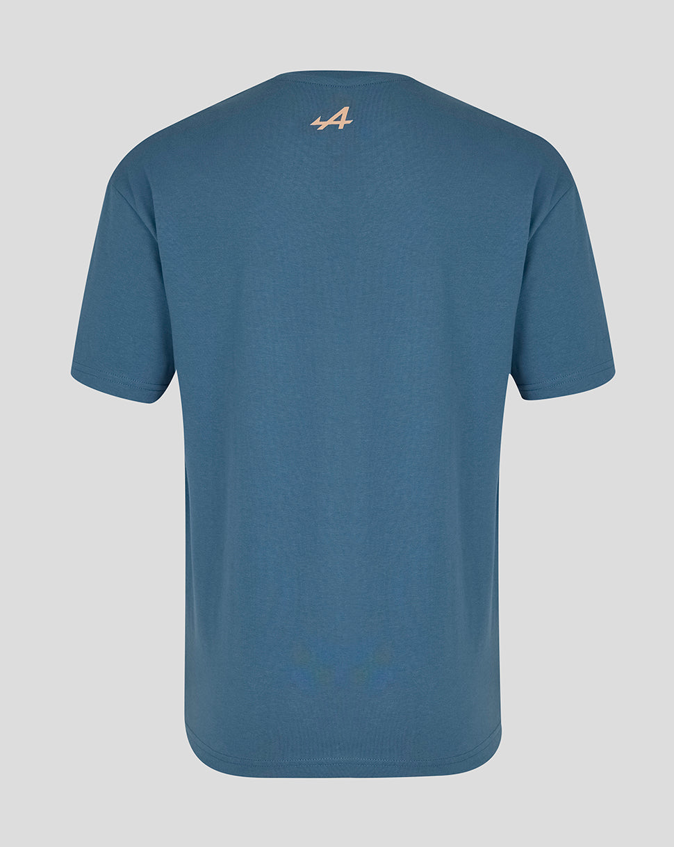 Back view of teal Miami graphic T shirt with small pale Alpine logo at upper back